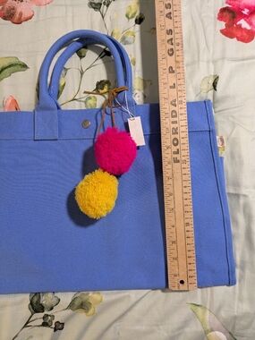 Quilted Koala Bag. Blue Canvas Tote with Yellow and Hot Pink Pom Pom Charms